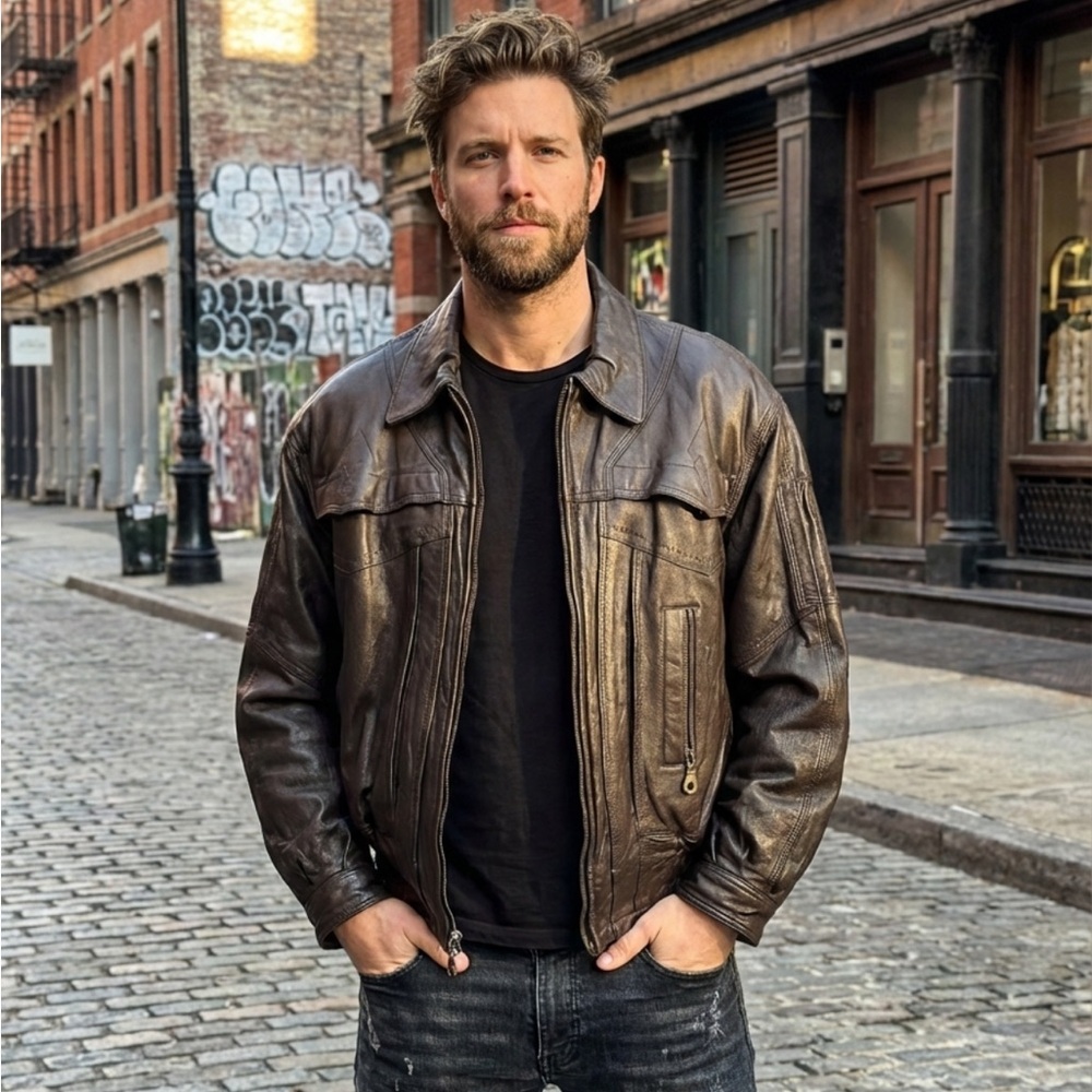 Weekends Men's Vintage 90s Genuine Leather Jacket Brown, Size M